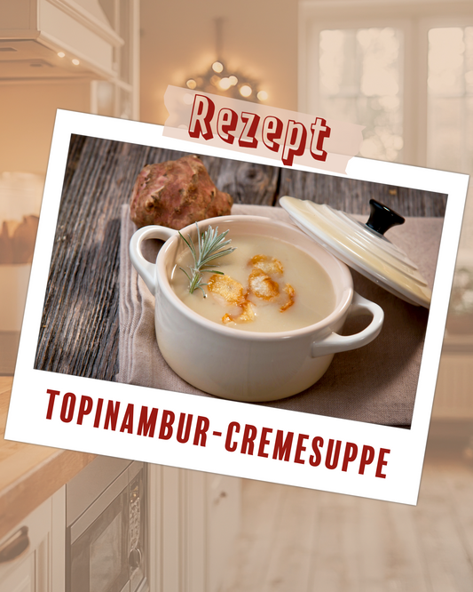 Topinambur Cremesuppe mit Rosmarin in kleinem Kochtopf