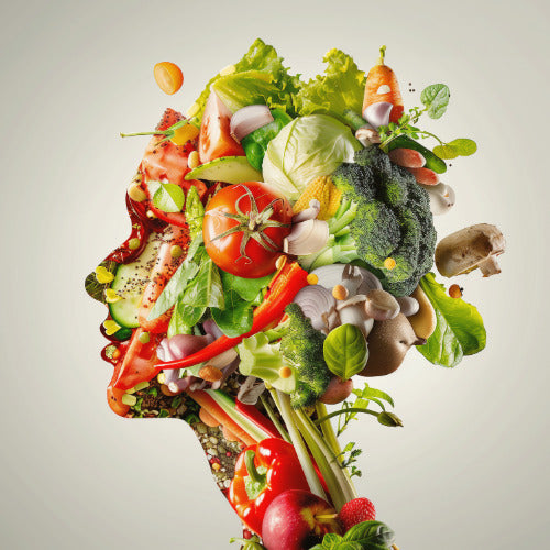 Ein Kopf bestehend aus verschiedenem Gemüse und Obst