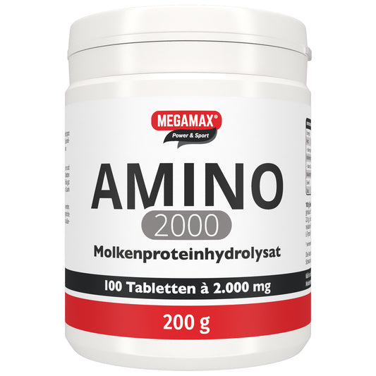 Produktansicht von MEGAMAX AMINO 2000 Molkenprotein-Hydrolysat, 100 Tabletten, weiße Dose für Sporternährung
