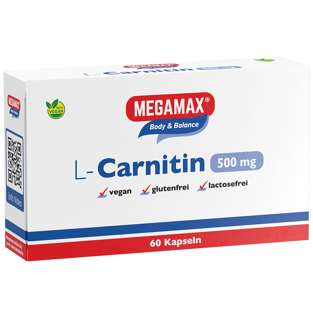 L-Carnitin 500 mg 60 Kapseln Schachtel, vegan, glutenfrei, lactosefrei