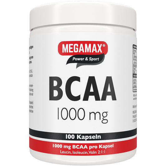 BCAA Kapseln 1000 mg Dose mit 100 Kapseln von Megamax mit Leucin, Isoleucin, Valin für Muskelaufbau und Regeneration