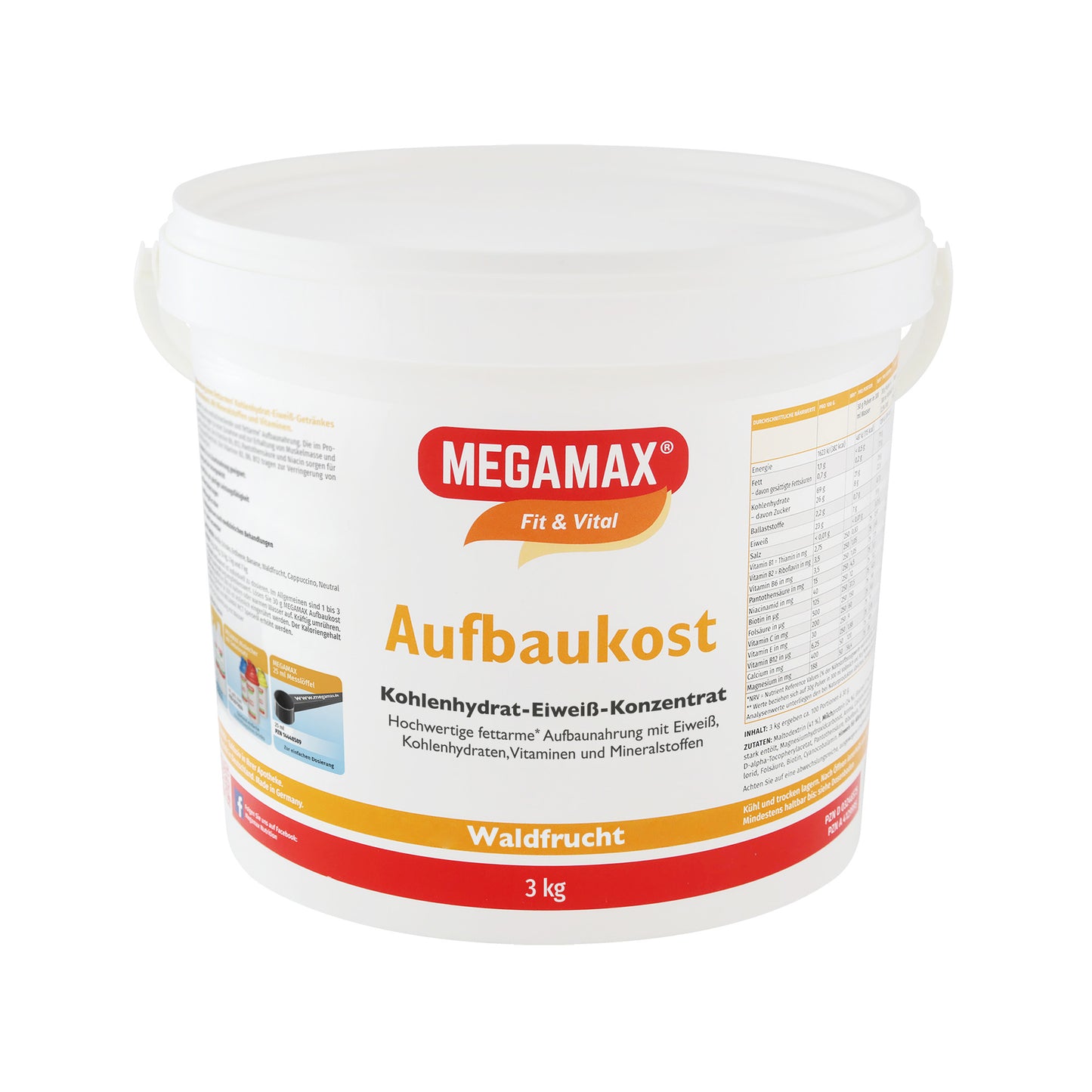 Megamax Aufbaukost Waldfrucht 3 kg Eimer: kalorienreiche Aufbaunahrung bei Mangelernährung mit Vitaminen und Mineralstoffen