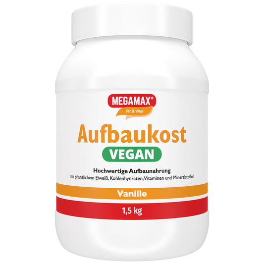 Megamax vegane Aufbaukost Vanille 1,5 kg Dose: Weightgainer für Veganer zum Zunehmen mit Vitaminen und Mineralstoffen