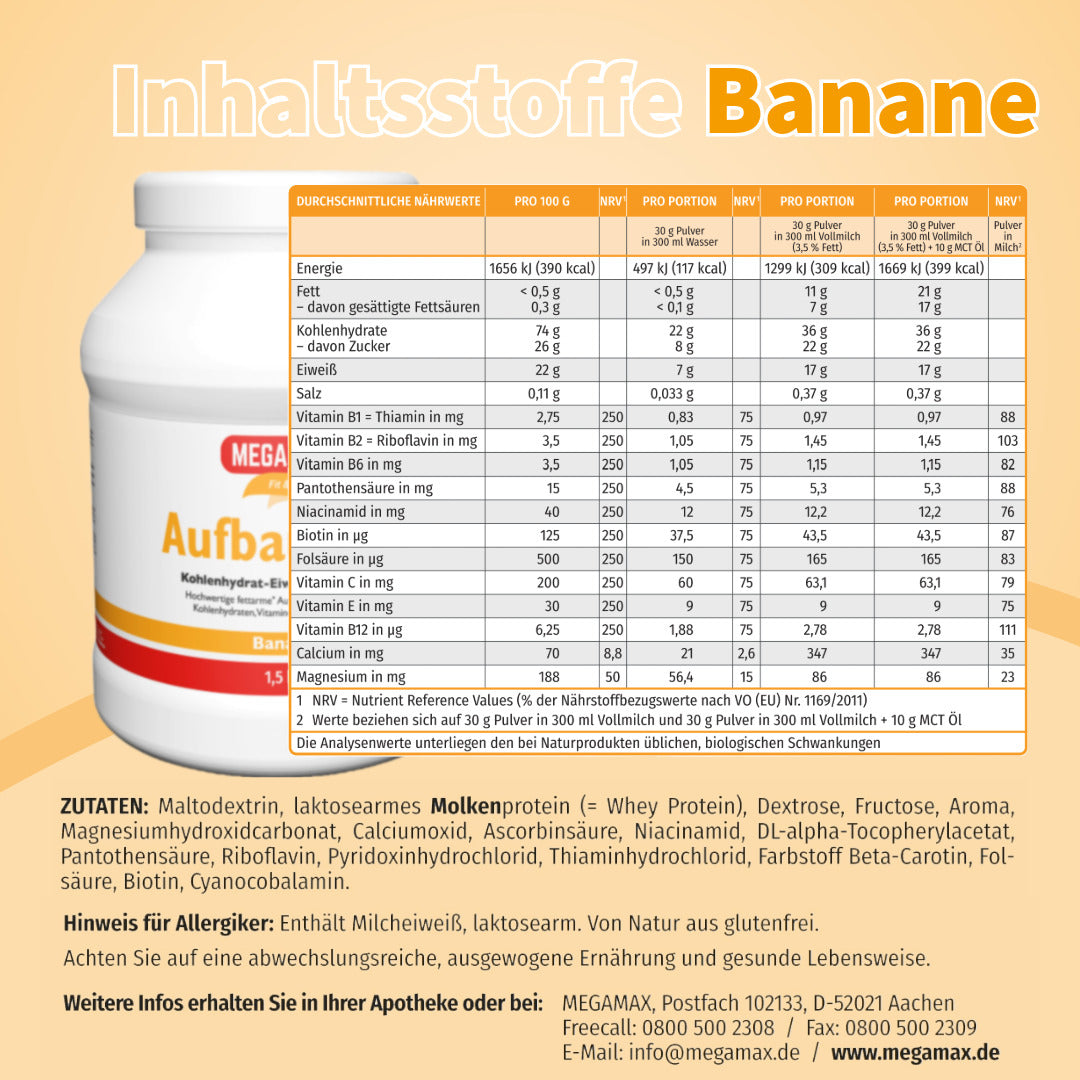 Tabelle mit Inhaltsstoffen der Aufbaukost mit Bananen-Geschmack von Megamax