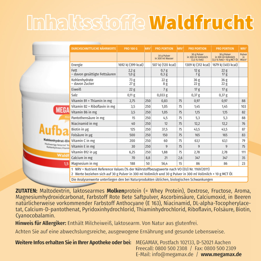 Tabelle mit den Inhaltsstoffen der Astronautennahrung von Megamax mit Walfrucht-Geschmack