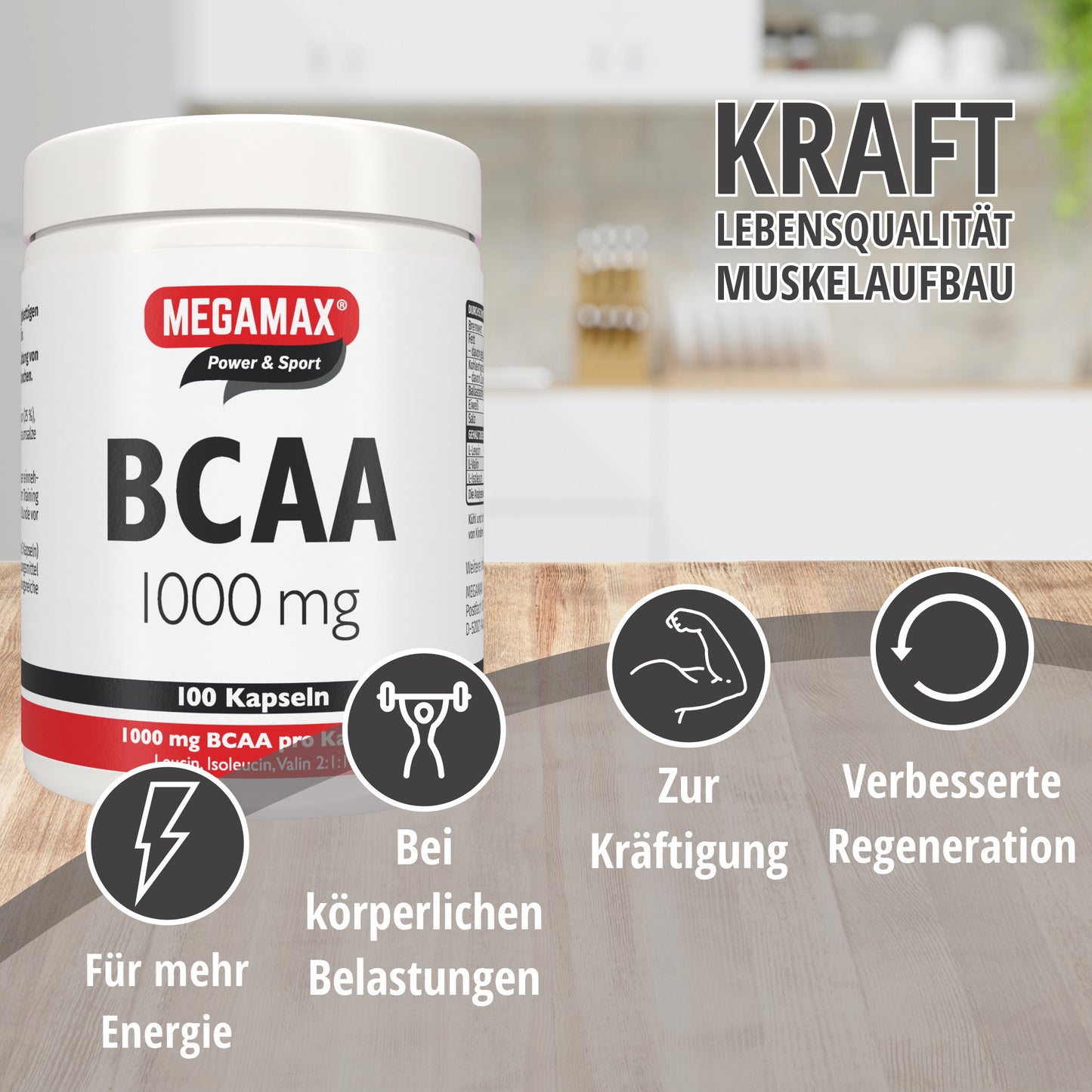 BCAA Dose mit Kapseln in einer hellen Küche, davor in einem Bogen der Nutzen von Aminosäuren zur Kräftigung oder Regeneration