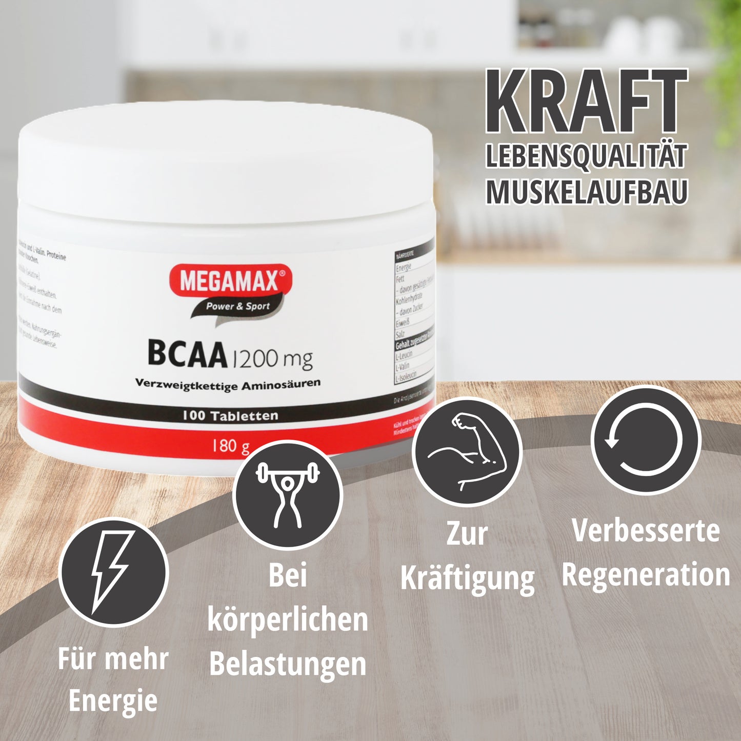 BCAA verzweigtkettigte Aminosäuren von Megamax Dose in einer hellen Küche, davor in einem Bogen der Nutzen von BCAAs