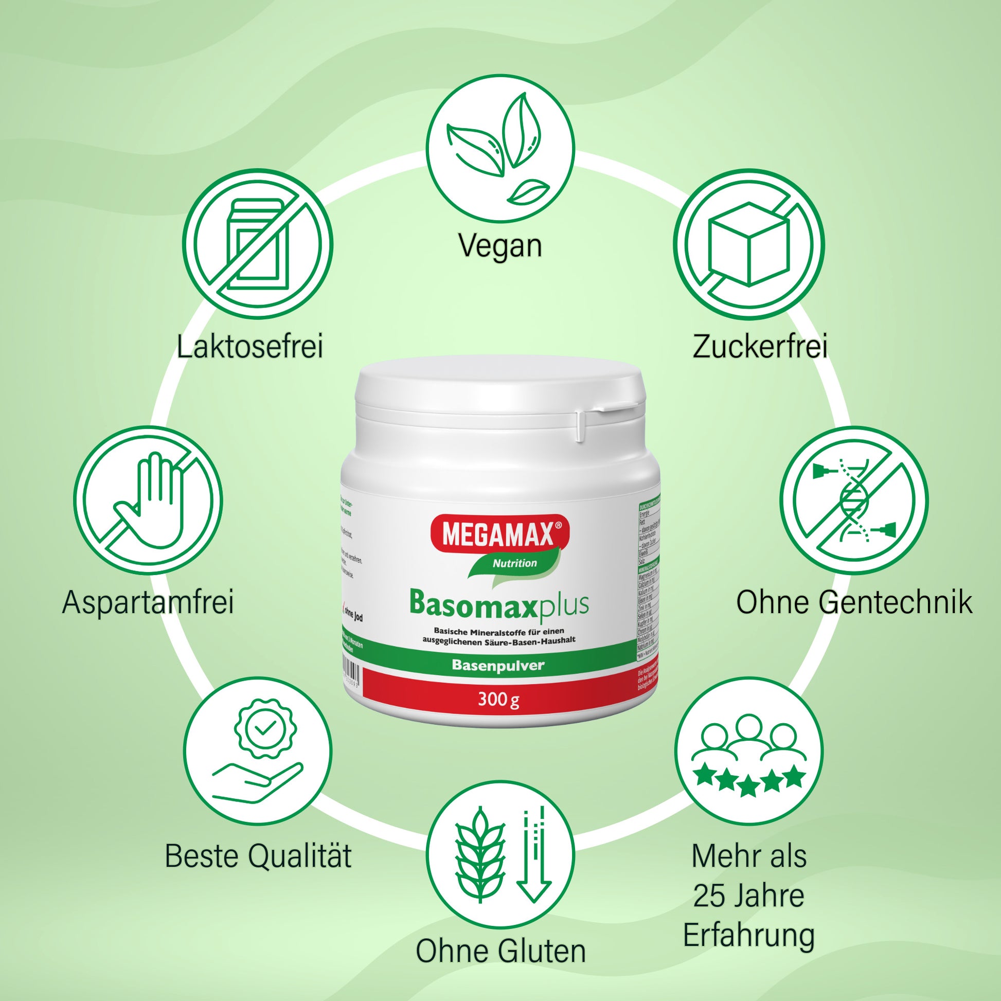 Basomax Dose in einem Kreis mit verschiedenen Vorteilen von Basenpulver wie vegan, laktosefrei, zuckerfrei, ohne Gluten