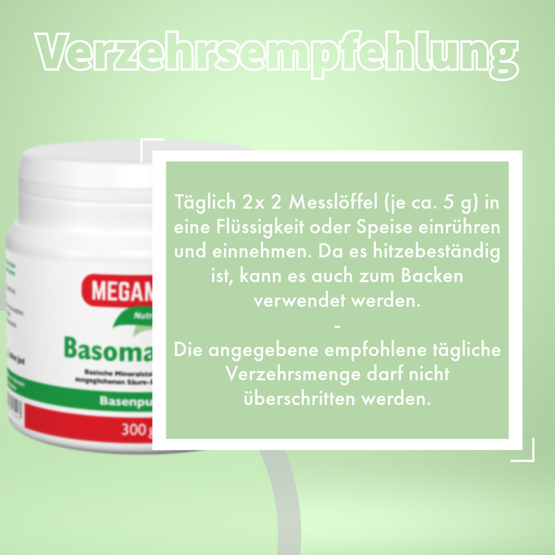 Basenpulver zum Ausgleich des Säure-Basen-Haushalts von Megamax als Dose, davor die Verzehrempfehlung in einem Kasten