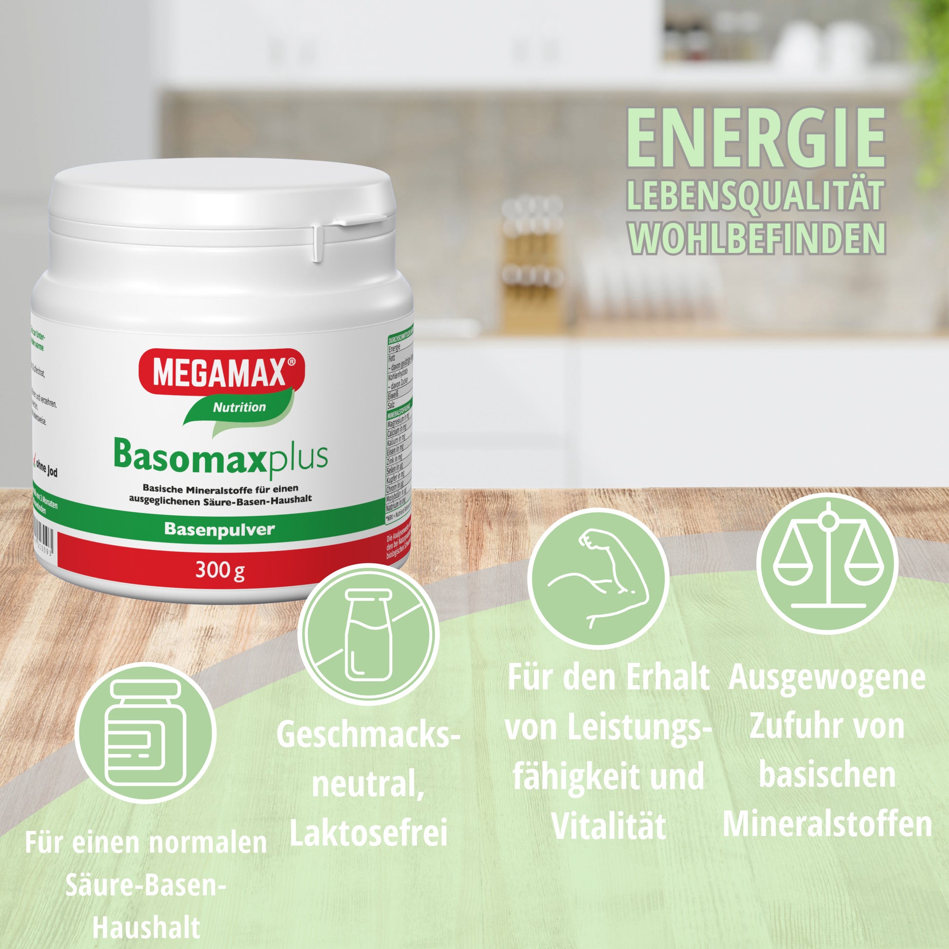 Megamax Basenpulver Basomax Dose in einer Küche, davor der Nutzen des basischen Pulvers