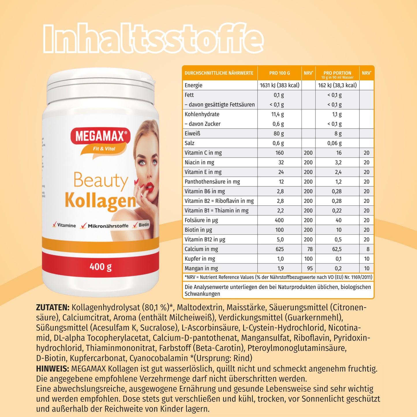 Megamax Beauty Kollagen Dose mit einer Tabelle zu den Inhaltsstoffen und Zutaten des Produkts