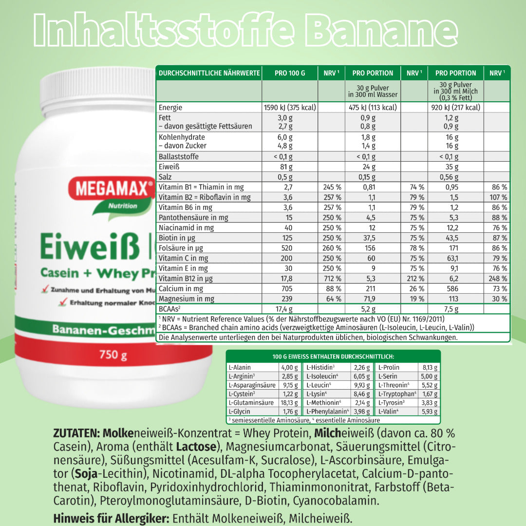 Inhaltsstoffe von Megamax Eiweiß 100 Banane in einer Tabelle