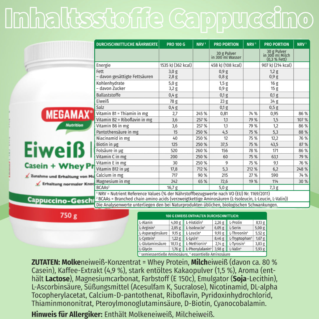 Eiweiß 100 Megamax Cappuccino Casein und Whey Inhaltstoffe in einer Tabelle