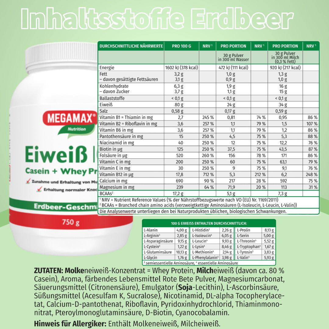 Megamax Nutrition Eiweiß 100 Erdbeer Inhaltsstoffe und Zutaten in einer Tabelle