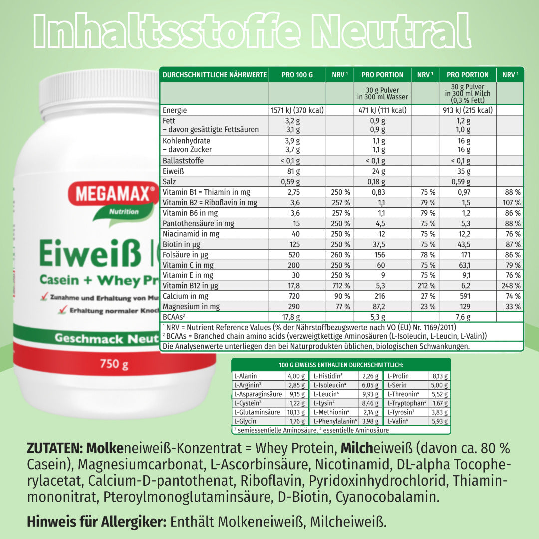 Megamax Eiweiß 100 Neutral Inhaltsstoffe und Zutaten in einer Tabelle