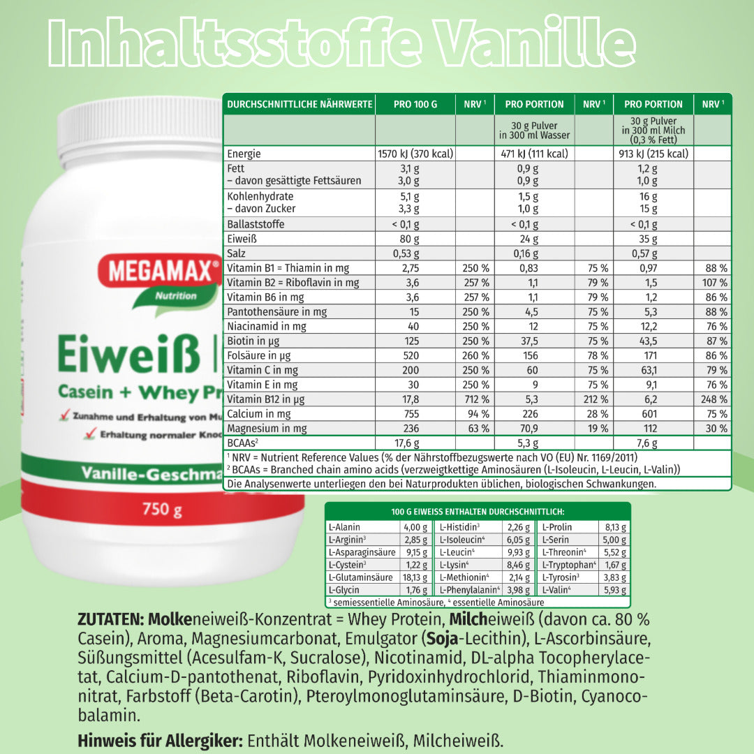 Tabelle mit Inhaltsstoffen von Megamax Eiweiß 100 Vanille