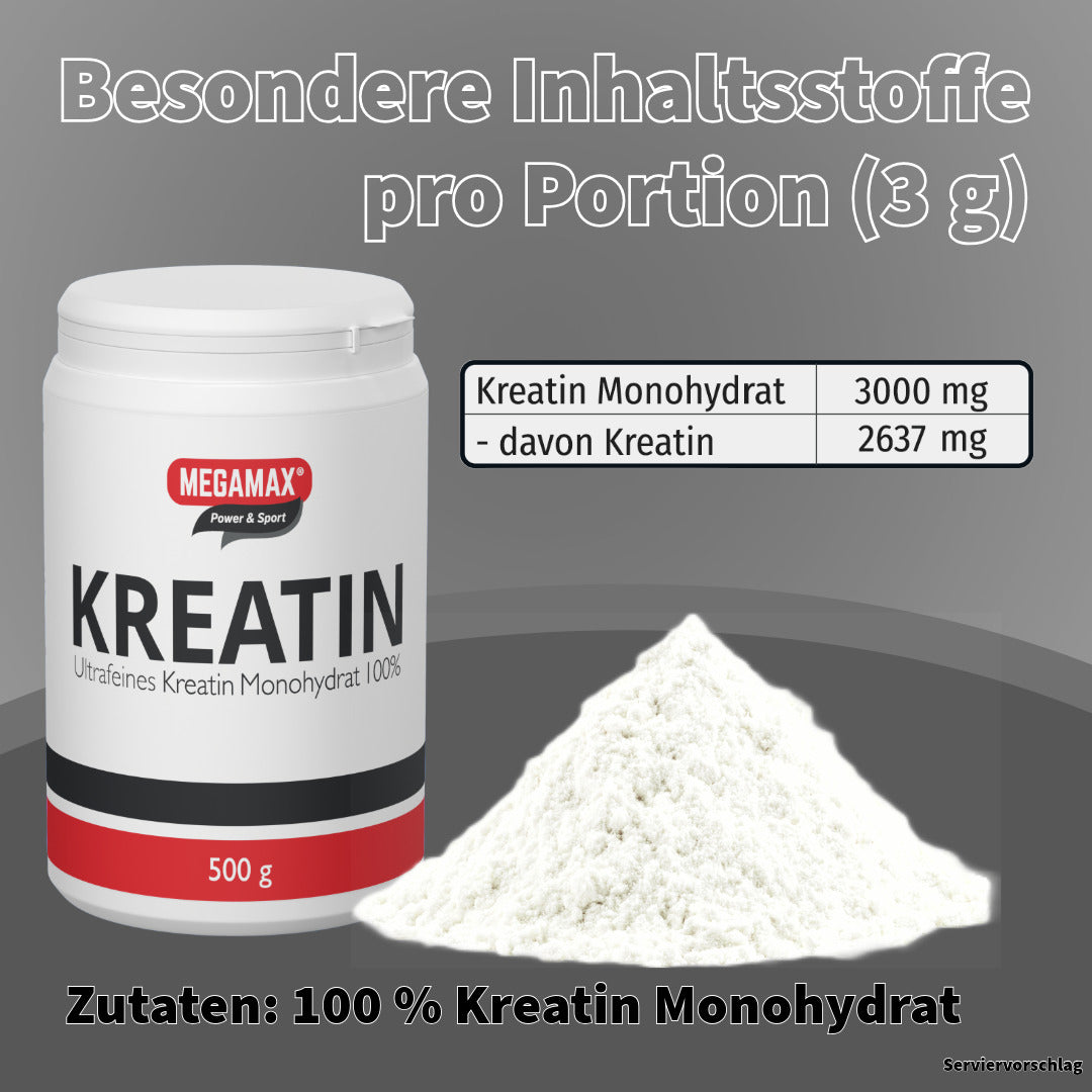 Kreatin ultrafein Monohydrat von Megamax 500 g Dose mit einem Pulverhaufen davor und der Tabelle über die Inhaltsstoffe