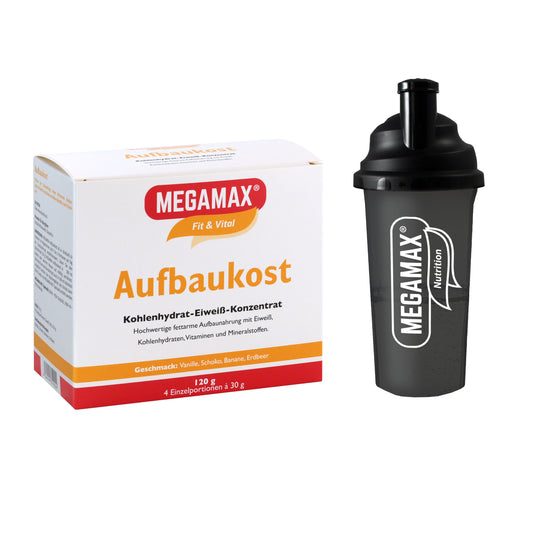 Megamax Aufbaukost Probierset mit 4 verschiedenen Geschmacksrichtungen und schwarzem Shaker