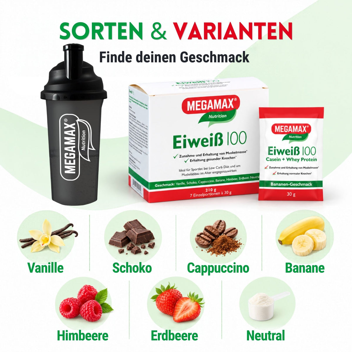 MEGAMAX Nutrition Probierpaket mit Shaker Geschmacksrichtungen