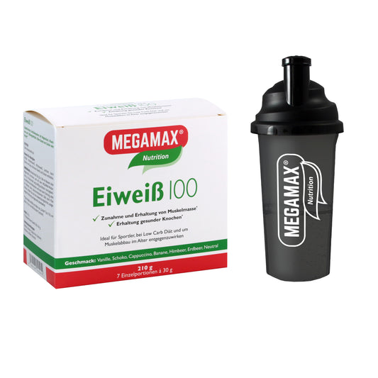 Megamax Eiweiß 100 Probierpaket mit 7 verschiedenen Geschmacksrichtungen inklusive schwarzem Trinkbecher