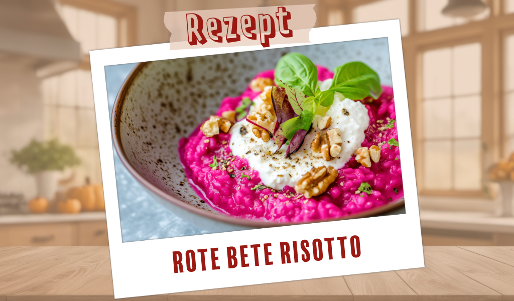 Teller mit Rote-Bete-Risotto, Ziegenkäse und Walnüssen mit einer herbstlichen Küche im Hintergrund