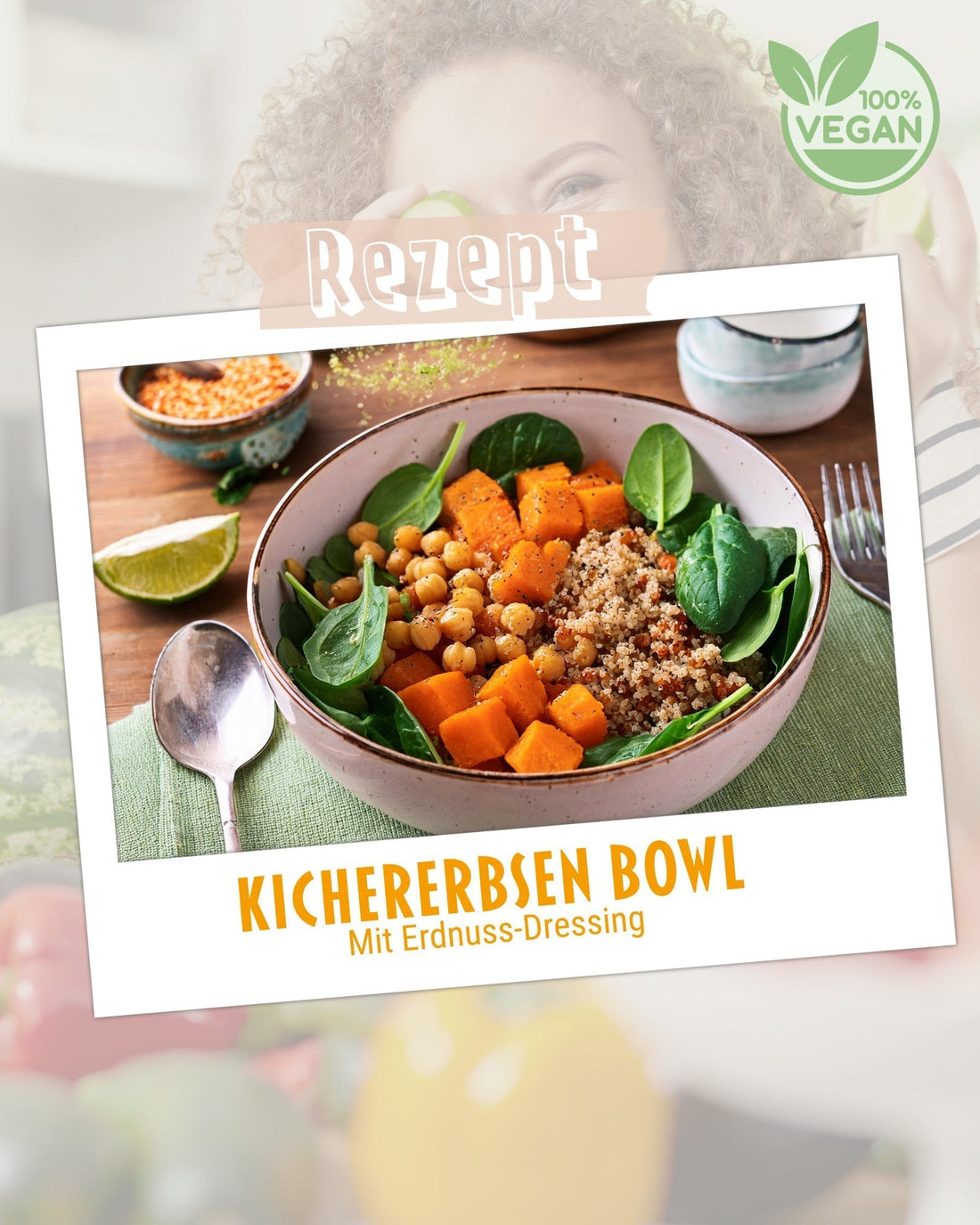 Polaroid Bild von einer Schüssel mit Quinoa, Spinat, Kichererbsen  und Süßkartoffel