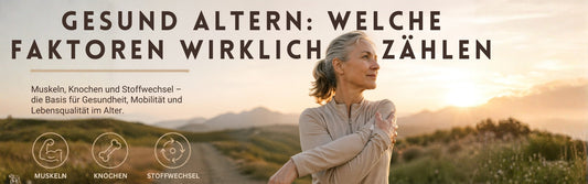 Gesund altern. Frau dehnt sich im Vordergrund