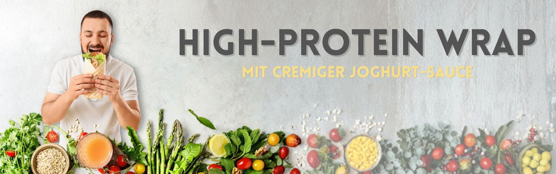Frische Zutaten im Vordergrund, Mann mit Wrap im Hintergrund