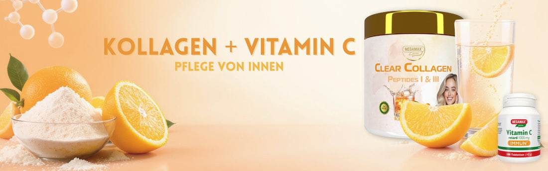 Clear Collagen, Orangen, Vitamin C Tabletten vor einem ästhetischen Hintergrund