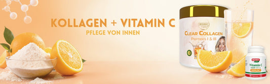Clear Collagen, Orangen, Vitamin C Tabletten vor einem ästhetischen Hintergrund