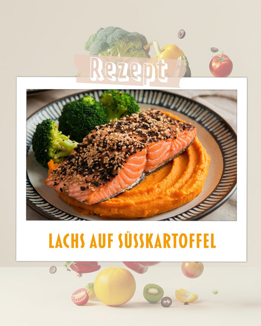 Polaroidbild von einem Teller mit Süßkartoffelpüree, Lachs und Brokkoli
