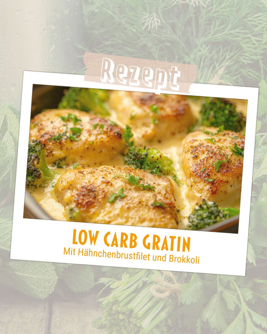 Polaroidbild mit Brokkoli-Käse-Gratin als eiweißreiches Rezept zum abnehmen