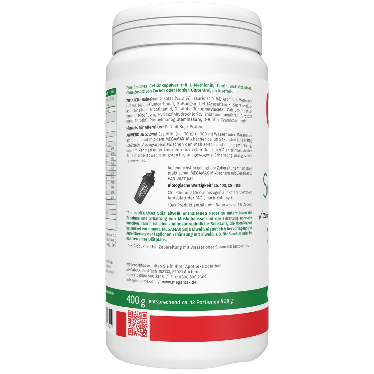 MEGAMAX Nutrition Soja Eiweiß Vanille 400 g Dose Seite