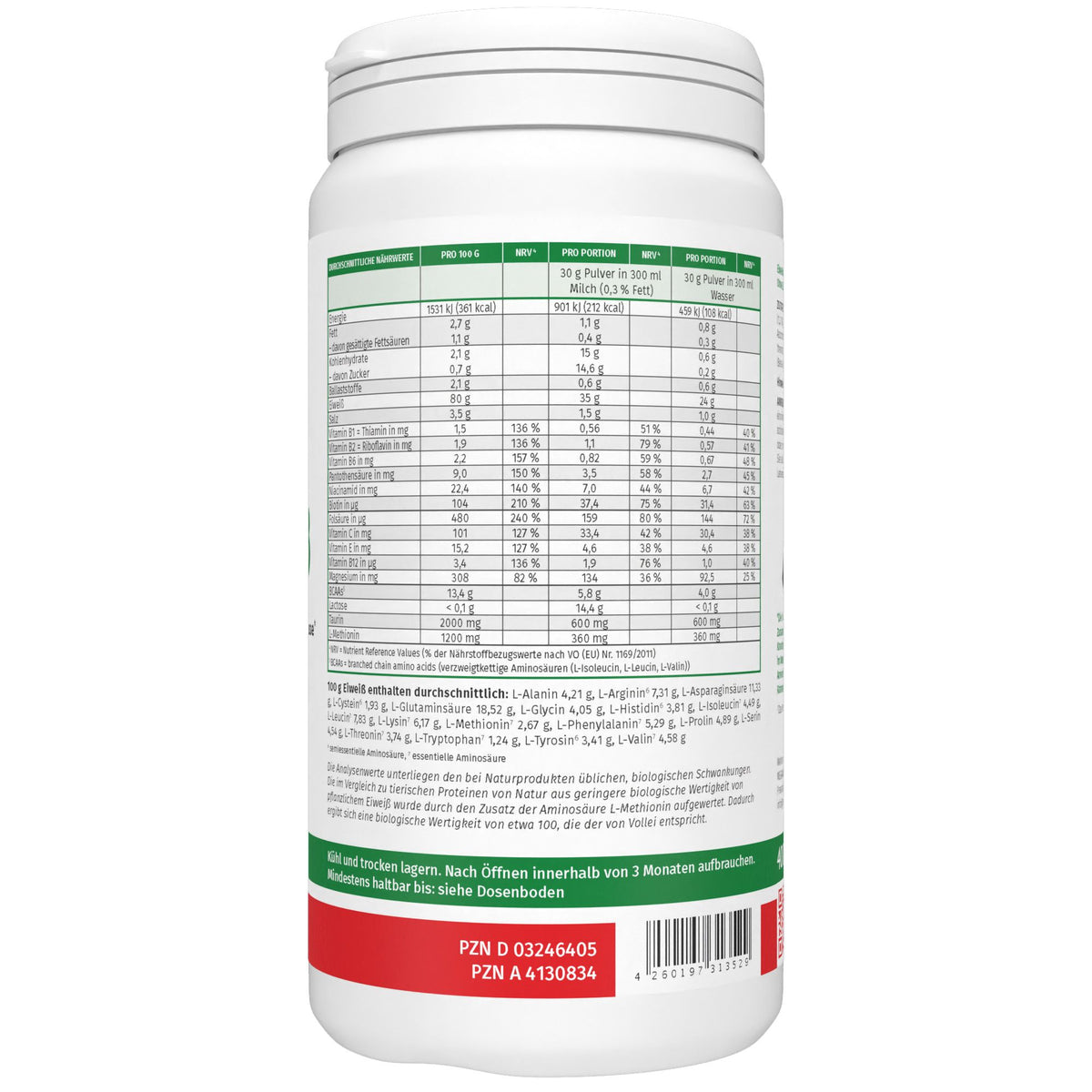MEGAMAX Nutrition Soja Eiweiß Vanille 400 g Dose Rückansicht
