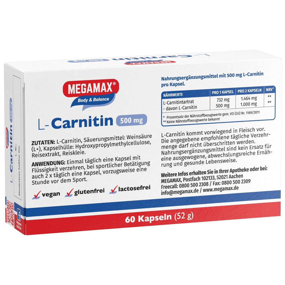 MEGAMAX Nutrition L-Carnitin 500 mg 60 Kapseln Faltschachtel