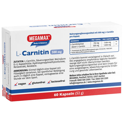 MEGAMAX Nutrition L-Carnitin 500 mg 60 Kapseln Faltschachtel