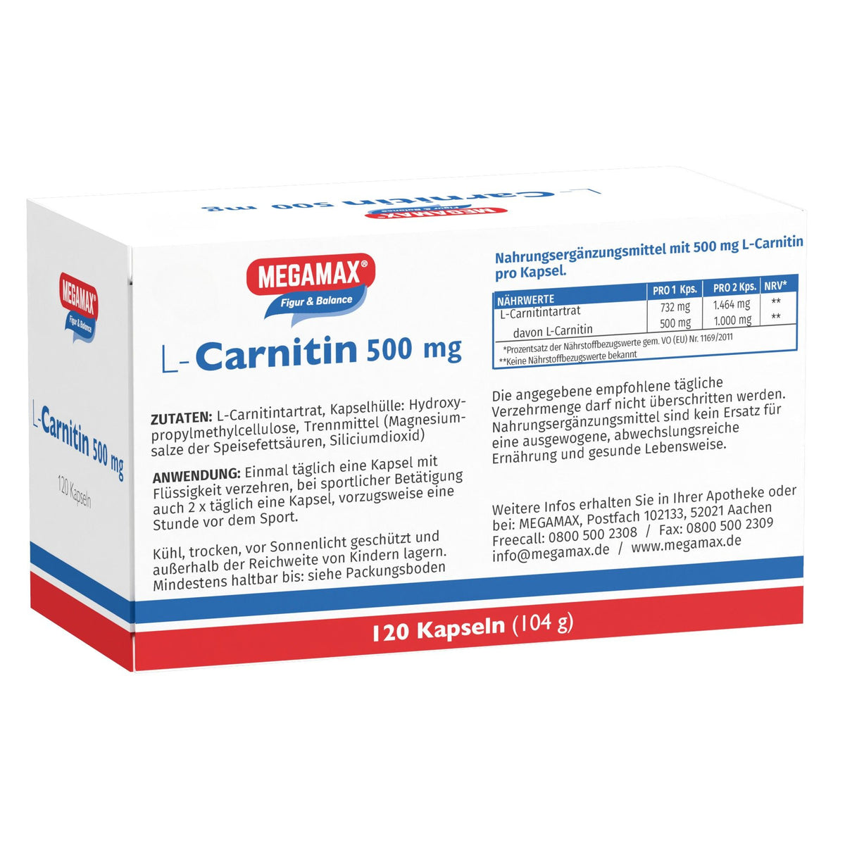 MEGAMAX L-Carnitin 500 mg 120 Kapseln Faltschachtel