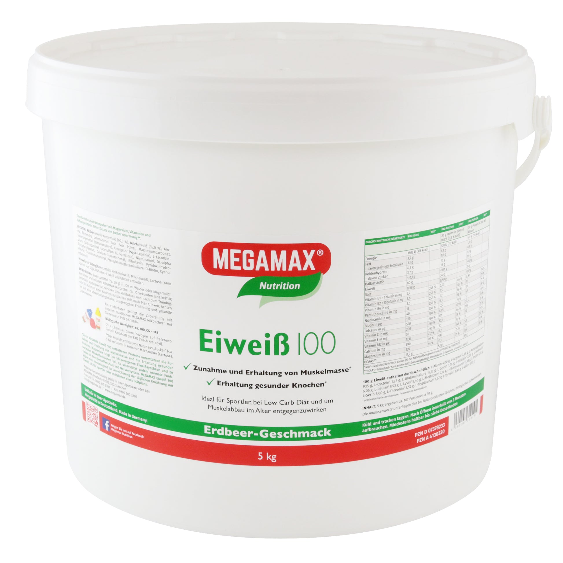 Megamax Nutrition hochwertiges Eiweiß 100 Erdbeer 5 kg Eimer zur Unterstützung beim Abnehmen und Muskeln aufbauen