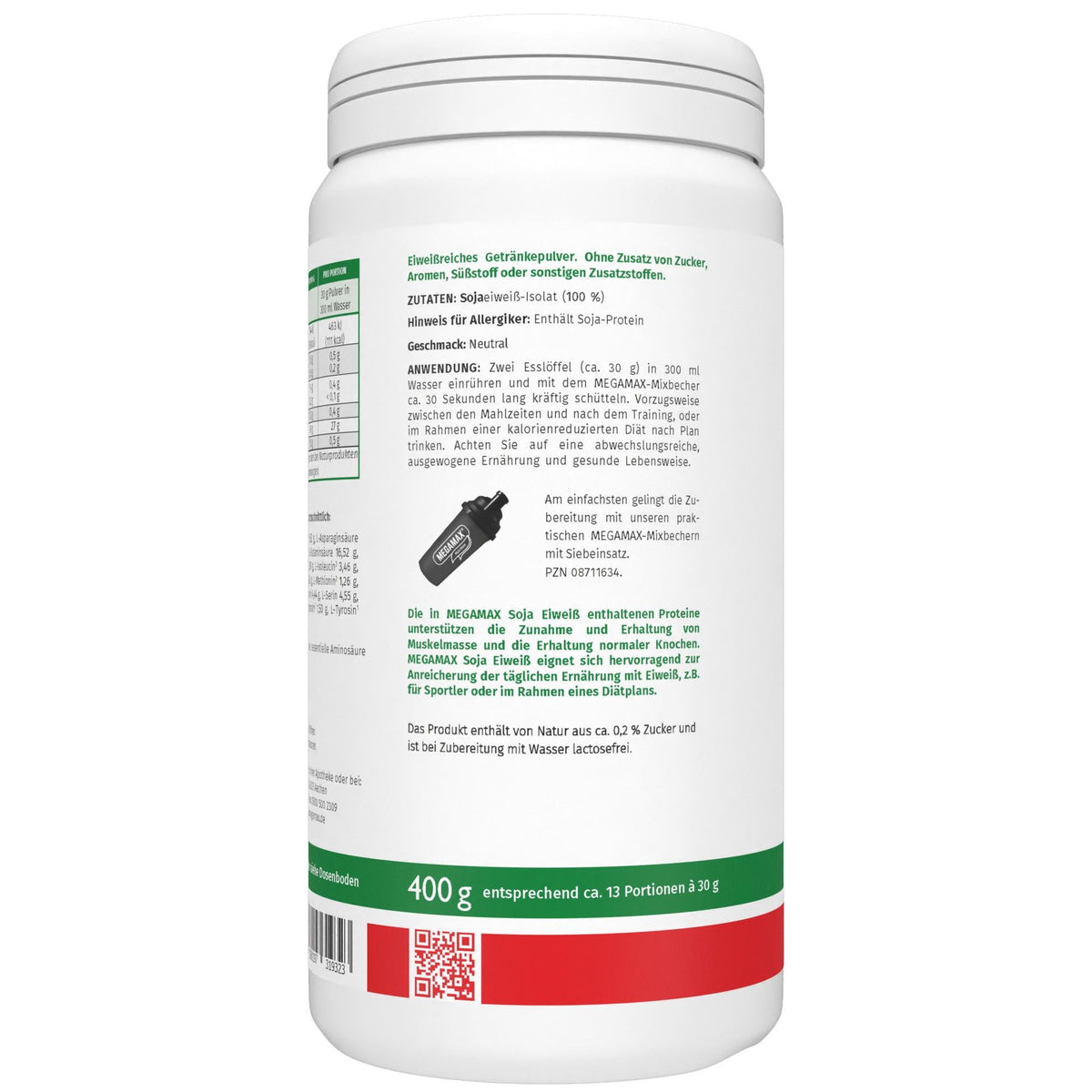 MEGAMAX Nutrition Soja Eiweiß Neutral 400 g Dose Seitansicht
