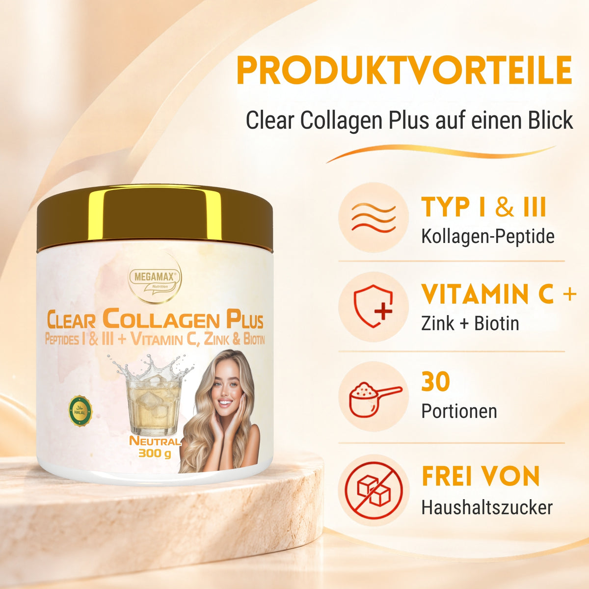 Produktvorteile von Clear Collagen Plus mit Vitamin C, Zink und Biotin