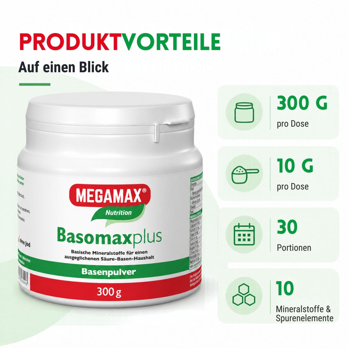 MEGAMAX Basomax Basenpulver Produktvorteile 30 Portionen, 10 Mineralstoffe und Spurenelemente