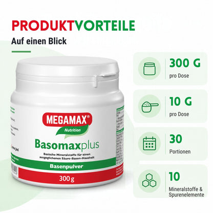 MEGAMAX Basomax Basenpulver Produktvorteile 30 Portionen, 10 Mineralstoffe und Spurenelemente