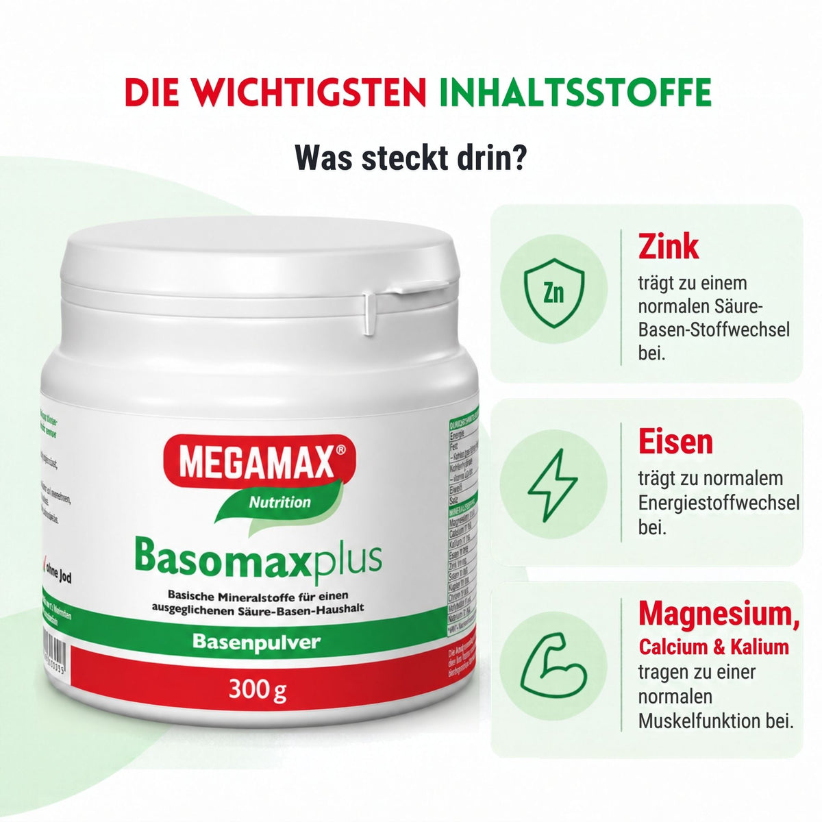 MEGAMAX Basomax Basenpulver wichtigste Inhaltsstoffe wie Zink, Eisen, Magnesium