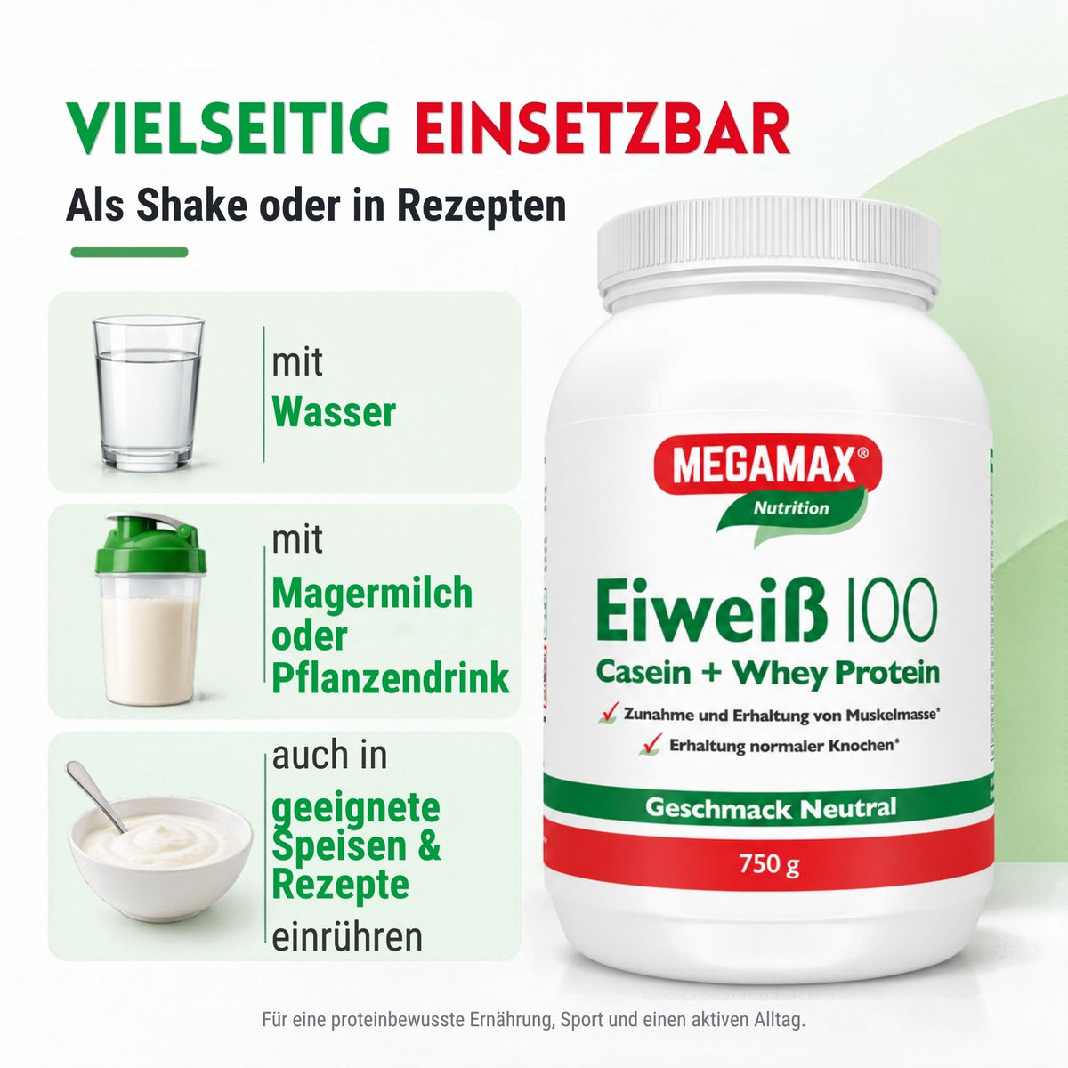 MEGAMAX Nutrition Eiweiß 100 Verwendung in Shakes oder oder anderen Speisen