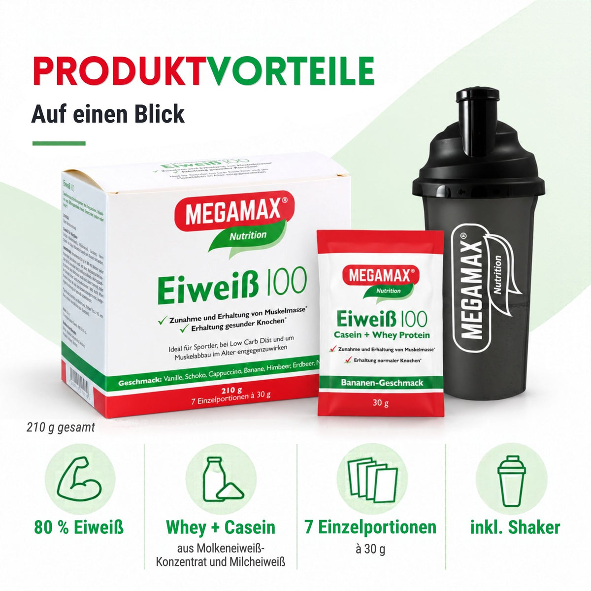 MEGAMAX Eiweiß 100 Probierset mit Shaker Produktvorteile