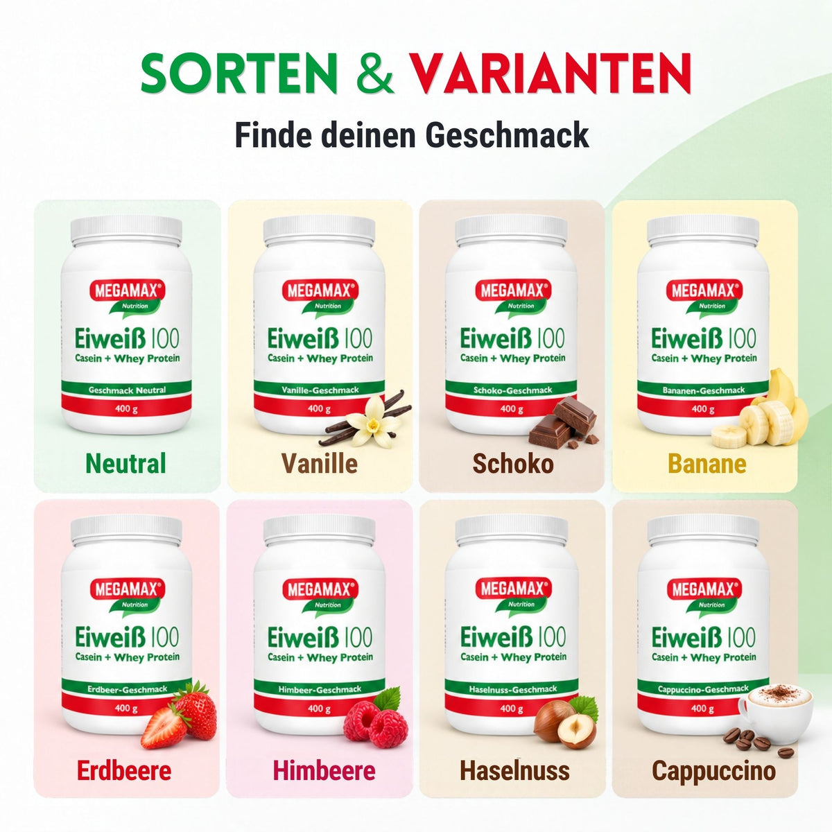 MEGAMAX Nutrition Eiweiß 100 verschiedene Geschmackssorten