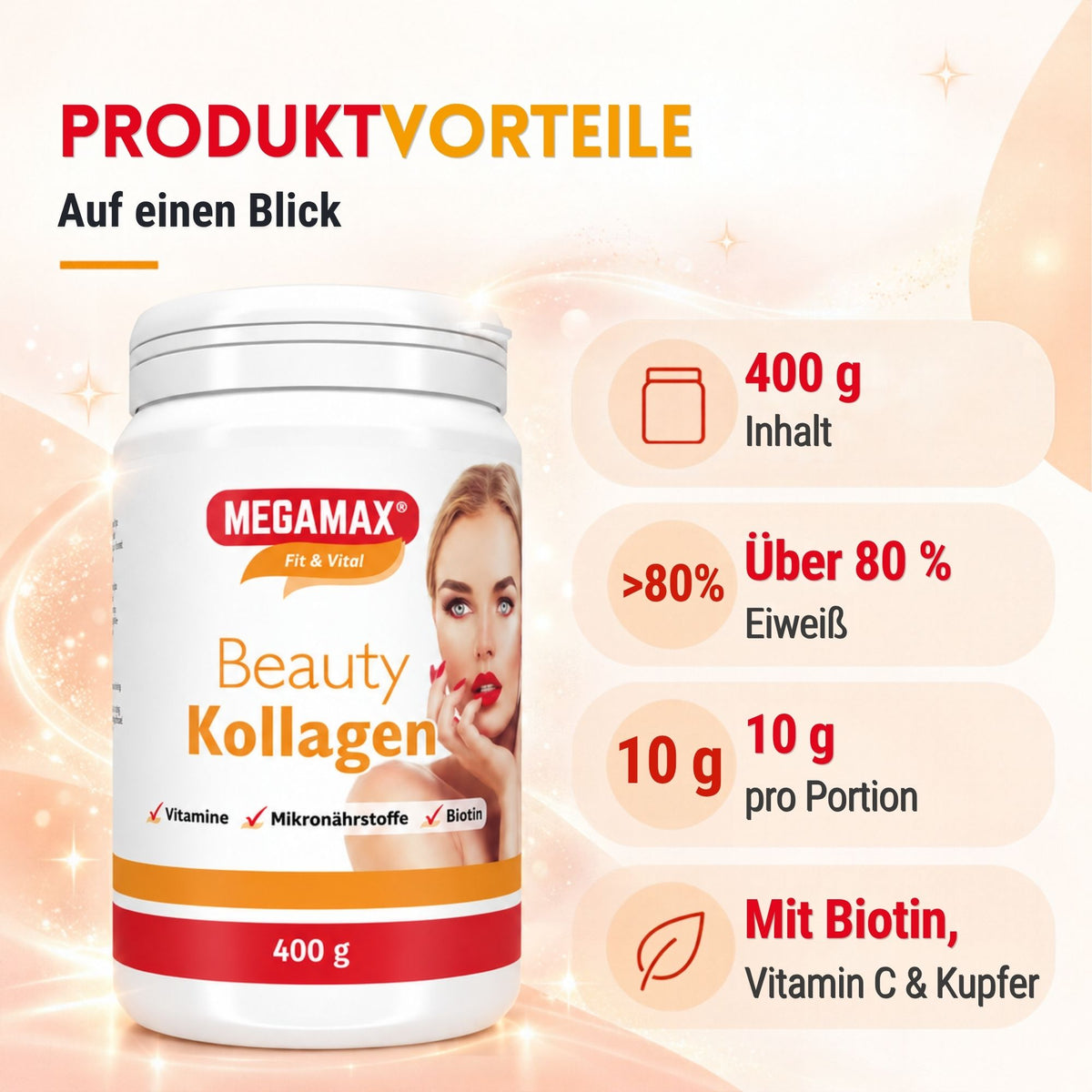 MEGAMAX Beauty Kollagen Produktvorteile mit Biotin, Vitamin C und Kupfer
